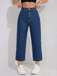 Jeans rectos de pierna ancha casual lavados para mujer - Azul lavado oscuro - Ver 5