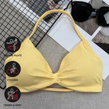 Sujetador tipo camiseta popular, sujetador deportivo sin espalda con tirantes finos para mujer, con soporte ligero, top corto para gimnasio, sujetador de yoga sin costuras con almohadilla plisada, primavera - Amarillo mantequilla - Ver 4