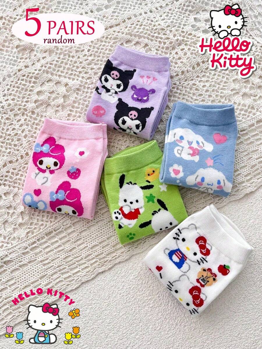 5 Pairs Sanrio Characters Low Cut Socks, Cute Cartoon Patterns, Comfortable & Breathable, Holiday & Family Gift, Fun Daily Wear (Random Colors) - Multicolor - View 1