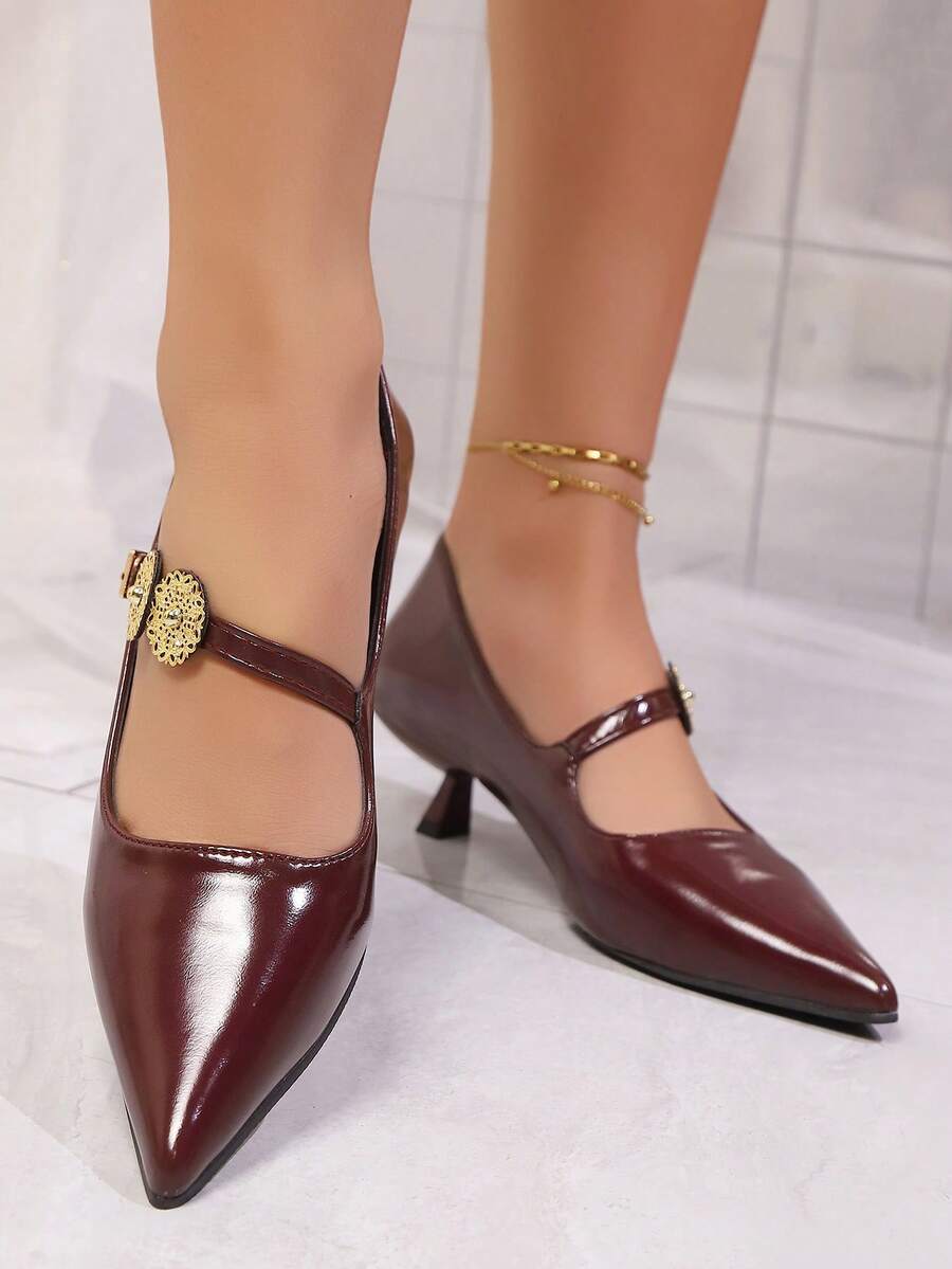 Elegant Basic Neutral PU Leather Buckle High Heels For Outdoor - Burgundy - View 1