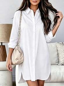 Camisa versátil de mujer de un solo pecho, de unicolor, holgada, con dobladillo alto y bajo, con bolsillo, para uso diario, color negro, primavera - Blanco - Ver 2