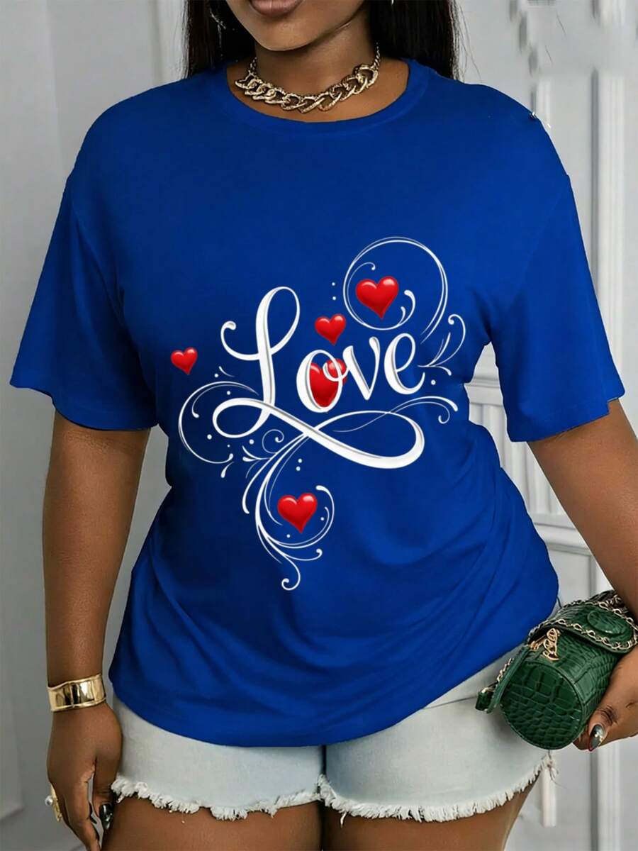 Mexican Casual Short-Sleeve T-Shirt With Round Neck And 'Love' Print. Loose Fit With Moderate Stretch. Machine Washable. Suitable For Spring, Summer, And Fall. Casual Wear. Stretchy Fabric. Cotton T-Shirt. Summer Fashion. Summer Fashion - 藍色 - 查看 1