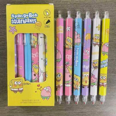 SpongeBob SquarePants 6pcs SquarePants Press Button Ballpoint Pen Set, 0.5mm Black Ink Cartoon Writing Pens With Colorful Barrels For Journaling, Notes, Office Desk Supplies & Stationery Gift