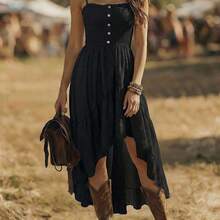 Bohemian Style Casual Vacation Front Short Back Long Cinched Waist Women's Mid-Length Dress - Negro - Ver 4
