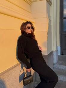 Women's Stylish Cropped Mousse Knit Set With High Neck And Ribbed Wide-Leg Pants - Exclusive - Black - View 2