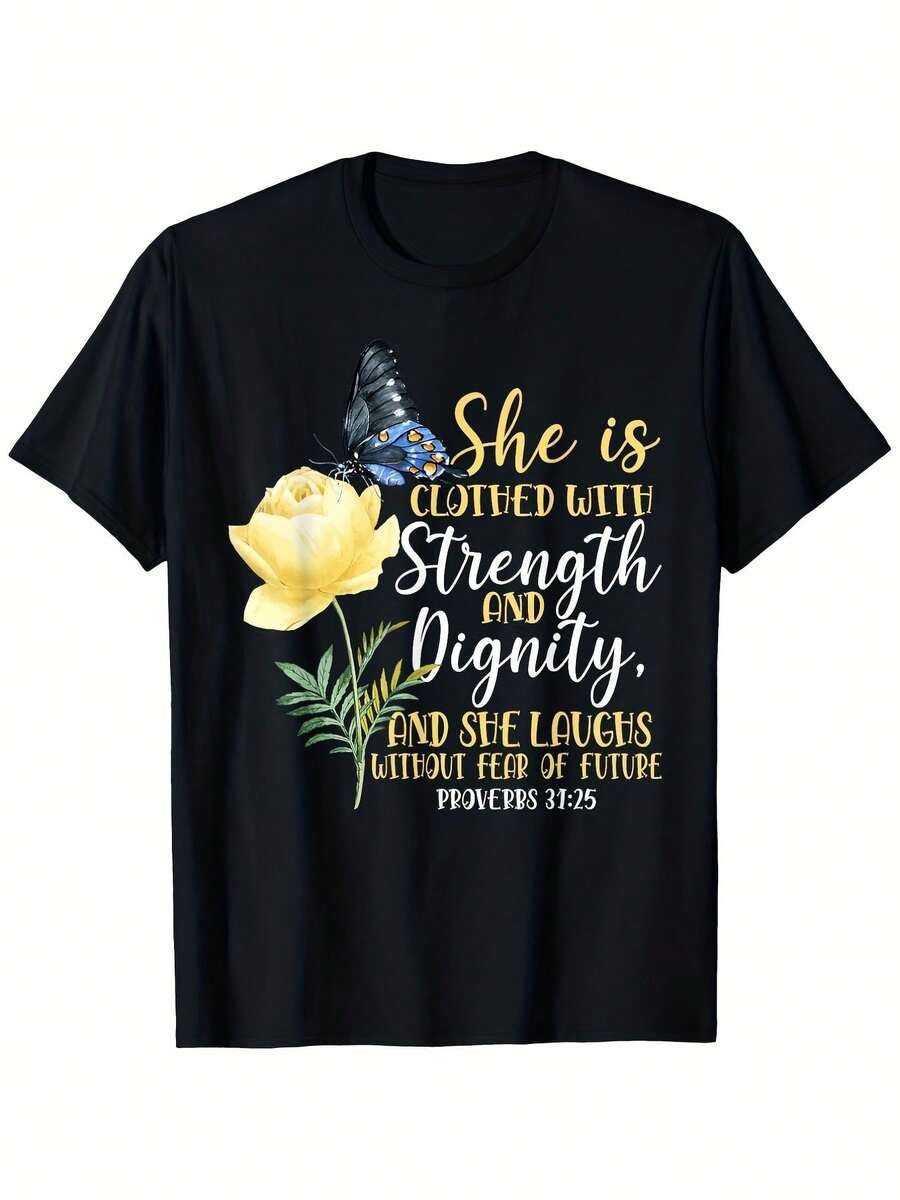 Christian T-Shirt With The Bible Verse Proverbs 31:25 And A Floral Pattern Of Butterflies And Roses - Short-Sleeved Crew Neck T-Shirt, 100% Soft Cotton, In Black And Yellow, Suitable For Church, Everyday Wear And As A Religious-Themed Gift (Comfortable Fit). - 黑色 - 查看 1