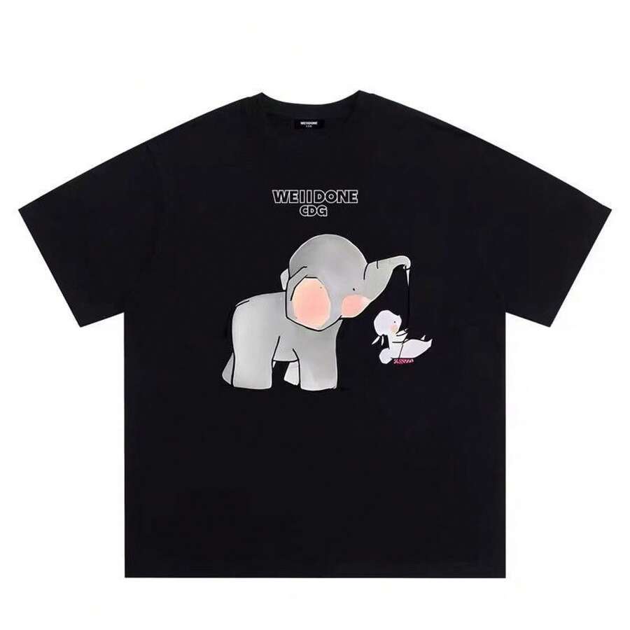 Camiseta de manga corta con estampado de elefante y conejo de dibujos animados, moderna y versátil, para hombres y mujeres, ideal para primavera y verano. - Negro - Ver 1