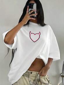 Camiseta holgada con estampado de corazón divertido estilo americano, moda europea y americana, top juvenil, camiseta básica de algodón puro. - Blanco - Ver 2