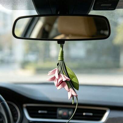 1pc Cute Floral PU Leather Car Rearview Mirror Hanging Decor, Fashionable Keychain Bag Charm