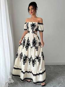 Vestido casual de vacaciones con hombros descubiertos y lazo en la espalda - Albaricoque - Ver 4