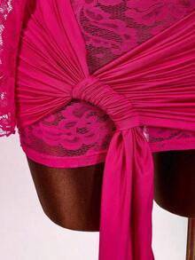 Blusa de encaje para mujer con vestido mini ajustado de tul rojo vintage con cordón en el bajo, estilo bohemio para fiesta - Rosa Fucsia - Ver 8