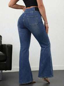 Tall Pantalones vaqueros de mujer casuales, ajustados y elásticos con vuelo, pantalones vaqueros azules ajustados de cintura alta con vuelo para mujeres altas, pantalones vaqueros de verano - Azul lavado medio 2 - Ver 2