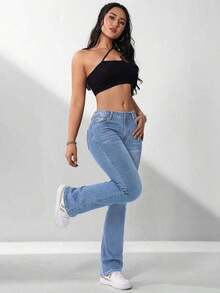 ICON Pantalones vaqueros de tiro bajo casuales y ajustados con pierna campana y efecto desgastado para mujer - Lavado ligero - Ver 4