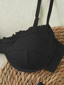 French Crochet Ruffle Trim Solid Black Swimsuit Set, Lightweight Breathable Design - Black - View 4