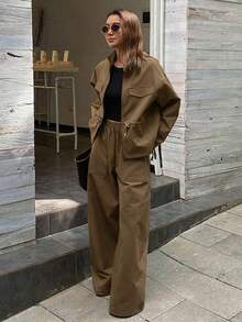Conjunto de 2 piezas de top holgado de cuello alto y pantalones casuales para mujer, otoño/invierno - Caqui - Ver 4