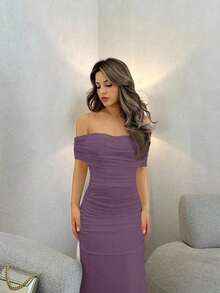 Vestido de mujer con escote ilusión descubierto de hombros y cintura fruncida, elegante para bodas y citas - Morado - Ver 5