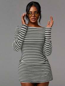 X Scot Louie  Vestido corto de manga larga con cuello de barco y estampado de rayas, informal para mujer - Blanco y Negro - Ver 4