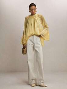 Blusa elegante holgada de unicolor con cuello alto, mangas largas acampanadas y plisadas - Amarillo - Ver 5