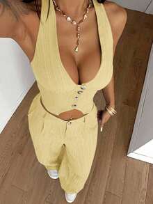 Conjunto de 2 piezas de chaleco y pantalones de unicolor de streetwear para mujer, para verano - Amarillo - Ver 6