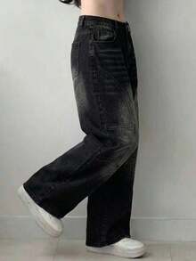 Jeans casuales de bolsillo de ajuste holgado de unicolor para mujer - Negro - Ver 6
