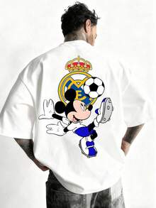 Disney Mickey Mouse X Real Madrids Washed T-Shirt, Retro Soccer Mickey Graphic Tee, Unisex Cotton Casual Crewneck, Double Sided Print Short Sleeve Shirt For Men Women, Streetwear & Daily Wear - 白色 - 查看 1