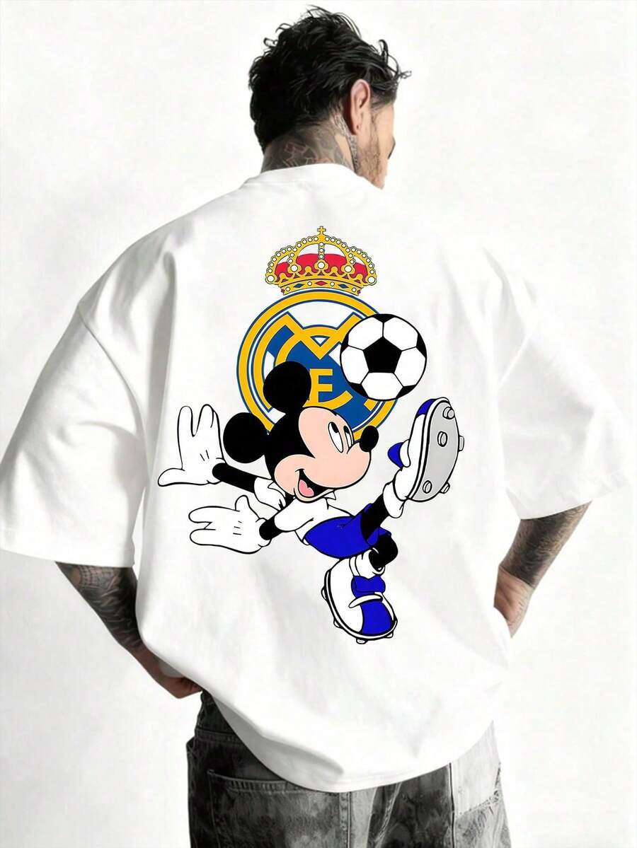 Disney Mickey Mouse X Real Madrids Washed T-Shirt, Retro Soccer Mickey Graphic Tee, Unisex Cotton Casual Crewneck, Double Sided Print Short Sleeve Shirt For Men Women, Streetwear & Daily Wear - 白色 - 查看 1
