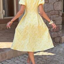 Women's Spring/Summer Elegant Square Neck Petal Sleeve Floral Textured Waist Cinched Flare Hem Midi Dress, Suitable For Vacation, Wedding, Party - Rosa - Ver 5