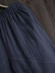 LUMIGAL Pantalones casuales sueltos de cintura elástica para mujer con forma cónica y bolsillos de unicolor - Azul marino - Ver 5