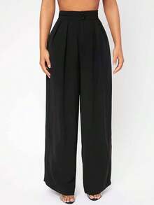 PETITE Pantalones De Vestir De Pierna Ancha Con Pliegues En La Cintura Alta - Negro - Ver 11
