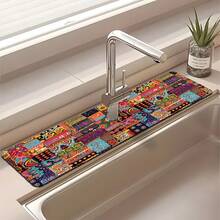 1pc Bohemian Pattern Printed Faucet Mat, Durable Polyester, Quick Dry, Easy Clean, Suitable For Kitchen And Bathroom, Easy Installation, Daily Decor, Gift, Bathroom Mat, Durable Faucet Mat, Faucet Accessory - Multicolor - View 4
