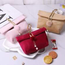 1Pc Minimalist Premium Pink Polyester Candy Bag, Mink Fur Spliced Leather Velvet With Pearl Decor, Large Capacity Wedding Favor Handbag, Candy & Jewelry Storage, Portable Cosmetic Pouch For Travel Party Festival - Velvet Gift Bag - View 5