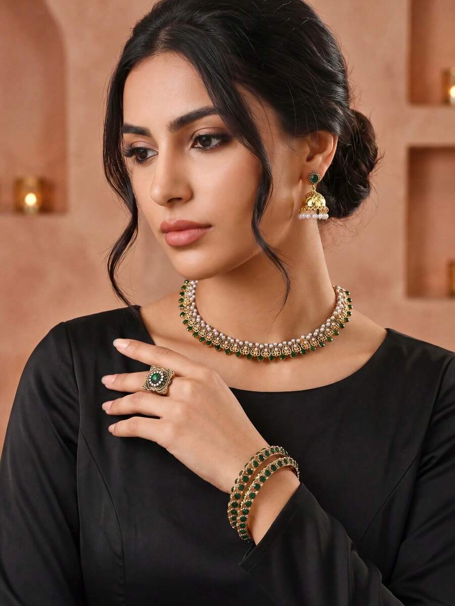 Bộ trang sức đính đá phong cách Bohemian 6 món, bao gồm vòng cổ khảm ngọc trai giả, bông tai, vòng tay và nhẫn, thích hợp làm quà tặng cho phụ nữ trong đám cưới, tiệc tùng hoặc các dịp lễ. - Bộ 6 món - Xem 1