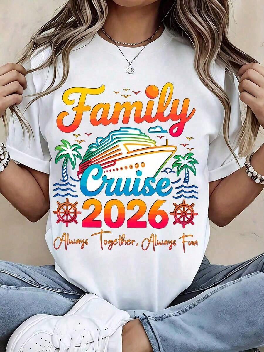 New Women's Summer Casual T-Shirt, Boat, Palm Tree, And Ocean Design, 2026 Family Cruise Collection, Always Together, Always Fun. Pure Cotton T-Shirt For Women, Crew Neck, Soft, Comfortable, And Stretchy Fabric, Ideal For Vacations, Travel, Everyday Wear, All Seasons, Holiday Clothes, Casual Vintage Urban Style, Unisex, Loose Fit, Short Sleeve, Crew Neck. - 白色 - 查看 1