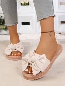Polyester Bow Decor Slide Sandals, Suitable For Beach Vacation, Summer - Beige - View 2