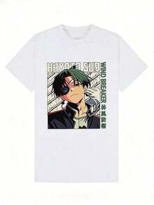 Fashion Printed T‑Shirts for Women, Oversized Streetwear Tops, Comfortable and Stylish All‑Match Summer TeesCamiseta de manga corta de cuello redondo suave y casual de verano para mujer, con estampado vintage de personaje de anime Hayato Sudo Wind Breaker con texto en kanji. - Blanco - Ver 4