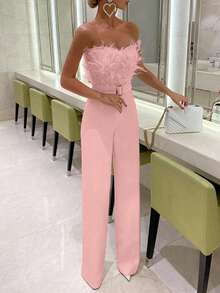 Elegant And Sensual Jumpsuit With Feather Strap - Pink - View 5