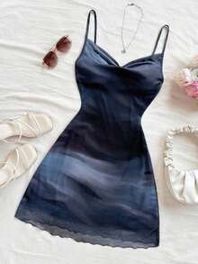 Vestido de tirantes con cuello drapeado y degradado de color para vacaciones de verano en la playa, atuendos de club, vestido sexy marrón otoñal de color café oscuro para mujeres - Multicolor - Ver 7