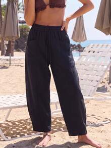 RRIVE Linen Blend Wide Leg Barrel Pants With Pockets High Waisted Drawstring Casual Relaxed Fit Flowy Trousers Summer Vocation Outfits Workout Bottoms - Ink Black - View 2
