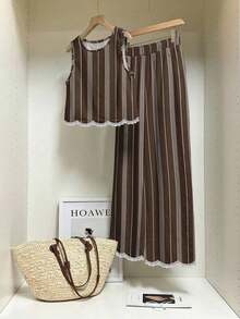 Frenchy Conjunto de 2 piezas de top sin mangas de cuello redondo a cuadros y pantalones para mujer - Multicolor 2 - Ver 7