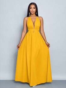 xheSOLERSUN Vestido largo de mujer de unicolor con escote halter en V para vacaciones y playa, con espalda cruzada y anudada, ideal para vacaciones y playaxhe - Amarillo - Ver 8