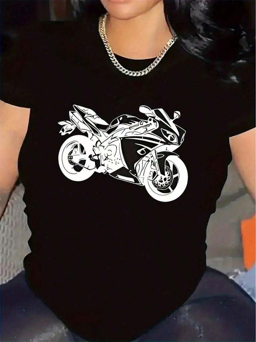 100% Cotton 1 Piece Of Women's Short-Sleeved Summer T-Shirt With Motorcycle Design - A Fashionable And Comfortable Garment For Cycling Lovers. - 黑色 - 查看 1