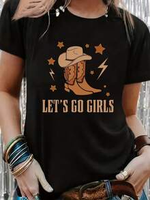 LETIS GO Camiseta con Estampado de Letras y Botas Vaqueras Western, Camiseta Casual de Manga Corta y Cuello Redondo para Primavera y Verano, Ropa de Mujer - Negro - Ver 2