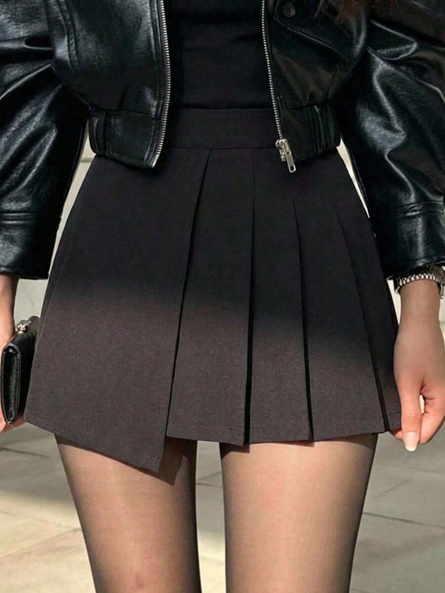 Falda pantalón de verano casual de unicolor con abertura lateral para mujer - Negro 3 - Ver 1