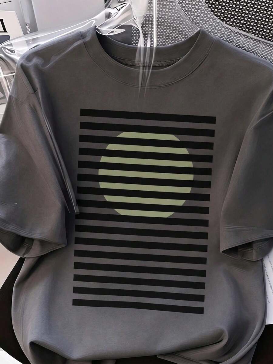 Camiseta de manga corta para mujer con estampado de círculo y rayas horizontales, cuello redondo, tejido de poliéster, ideal para uso diario, salidas casuales y fines de semana, estilo minimalista, temporada primavera-verano, Envío nacional a México. - Gris Oscuro - Ver 1
