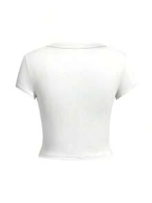 Women's White Crop Top With Round Neck And Short Sleeves, New Summer Style With Letter Print, Super Versatile And Fashionable Fitted Cut, Casual Youth Style That's Perfect For Everyday Wear And Going Out. WIWS - 白色 - 查看 6