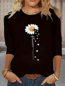 Playera de  con Estampado de Flor Margarita y Corazones Estilo Casual de Manga Corta Cuello Redondo Suave para Diario - Negro - Ver 2