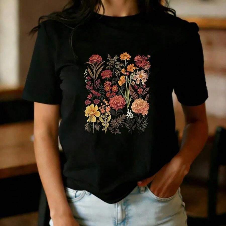 American Style T-Shirt With Black Floral Print, European And American Style, Fitted, Versatile, Short Sleeve, Summer, Pure Cotton, Elegant Top. - 白色 - 查看 1
