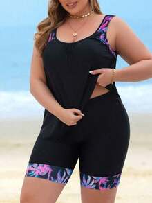 Swim Lushoire Conjunto de tankini de talla grande con estampado de árboles de coco y patchwork para la playa y vacaciones de verano - Negro - Ver 3