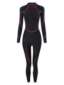 Bikinx Traje de baño de una pieza deportivo con cremallera frontal, manga larga, ajustado, con ribete de contraste de unicolor para vacaciones y playa en verano - Rosa Fucsia - Ver 8