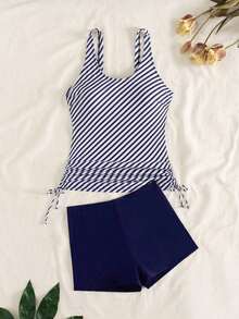 Swim Lushoire Conjunto de top y shorts de tela de rayas azules y blancas con cintura con cordón para playa y vacaciones, y top y shorts de tela lisa de talle alto, conjunto de bikini tankini de verano para mujer - Azul y blanco 2 - Ver 4